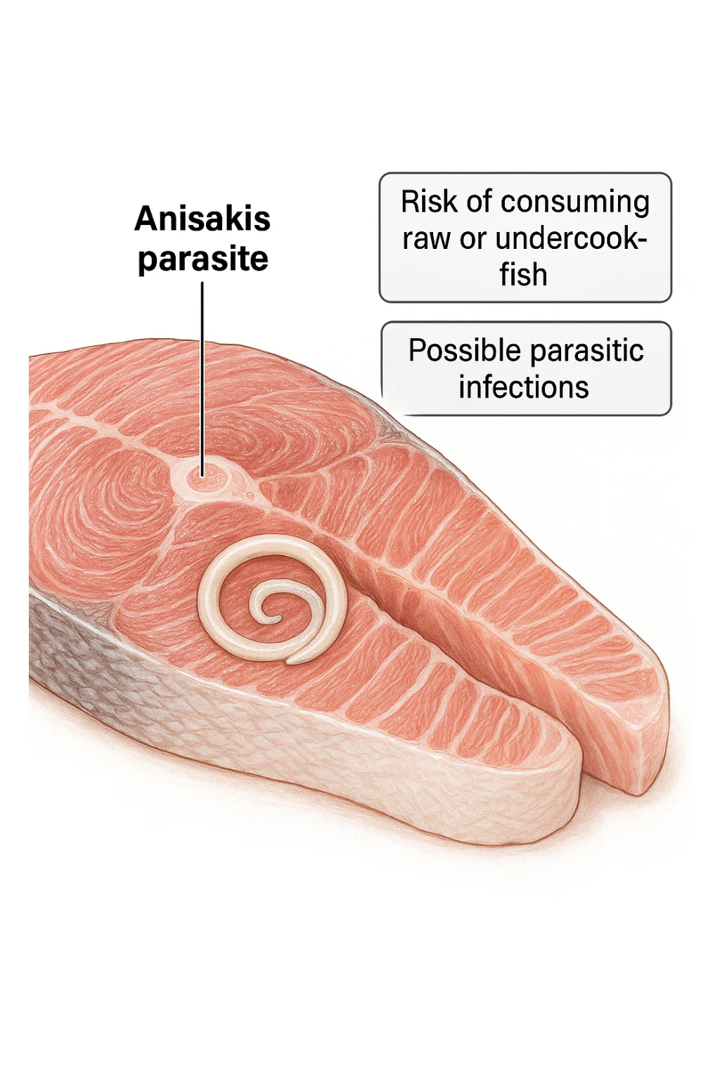 a close-up cross-section of a raw fish fillet, showing a white, coiled Anisakis parasite embedded in the muscle tissue. The parasite is clearly labeled, and the surrounding fish tissue is rendered in detail. The background is clean and white, with educational callouts explaining the risk of consuming raw or undercooked fish. sticker