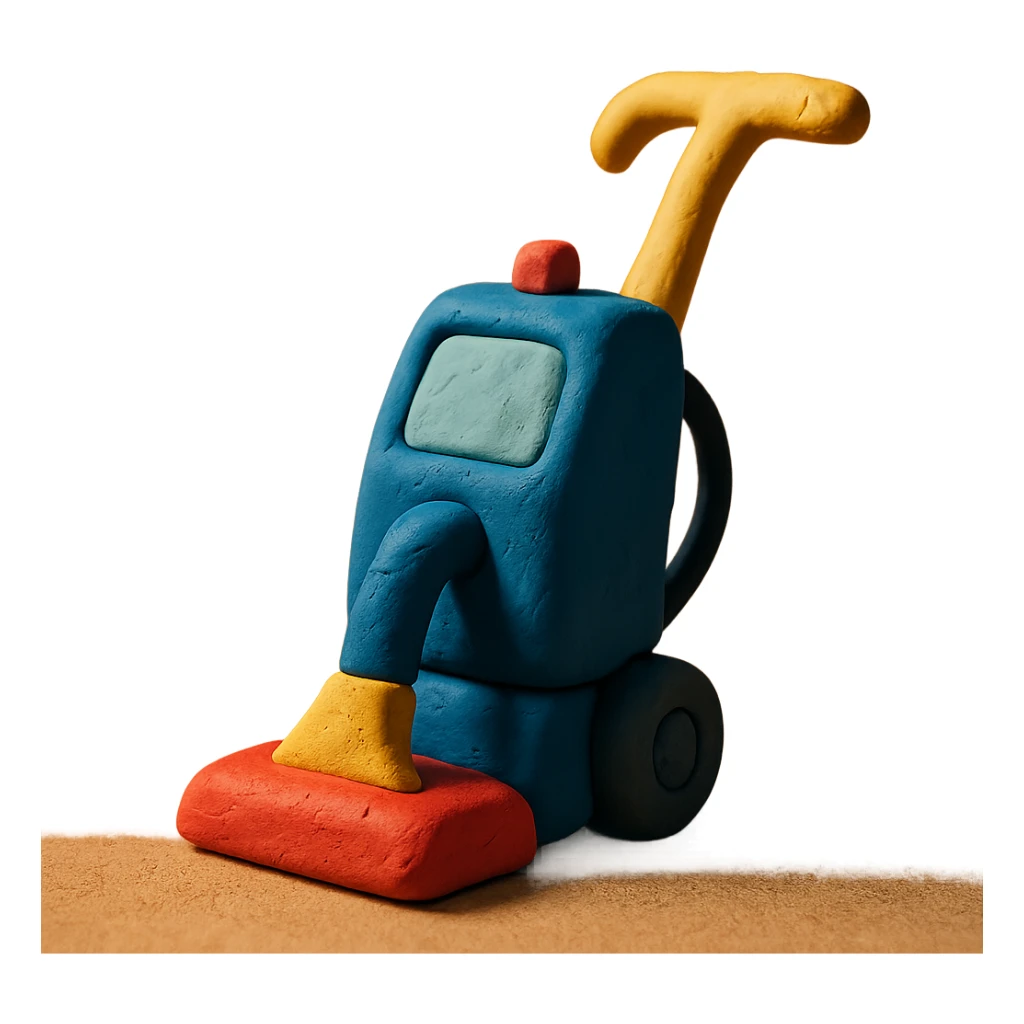 claymation style cartoon carpet shampooer with exaggerated features sticker