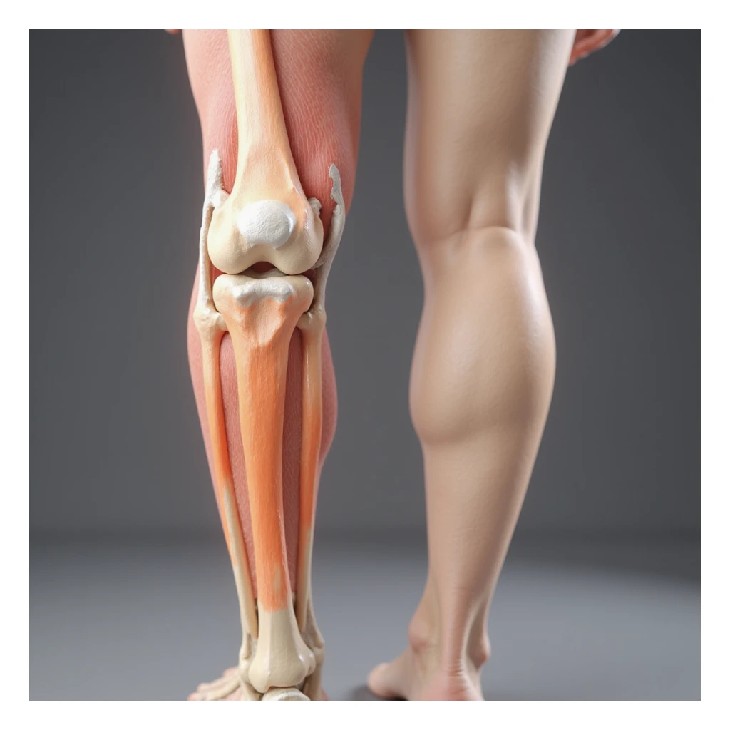 hyperrealistic 4K illustration of valgus knee, lateral view, highlighting inward deviation of knees, bones and joint clearly visible, white background, variant 3 with slightly changed foot position sticker
