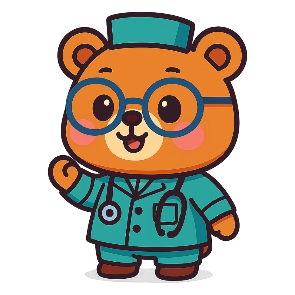 chibi bear with glasses wearing medical attire, animated style, cute and vibrant sticker