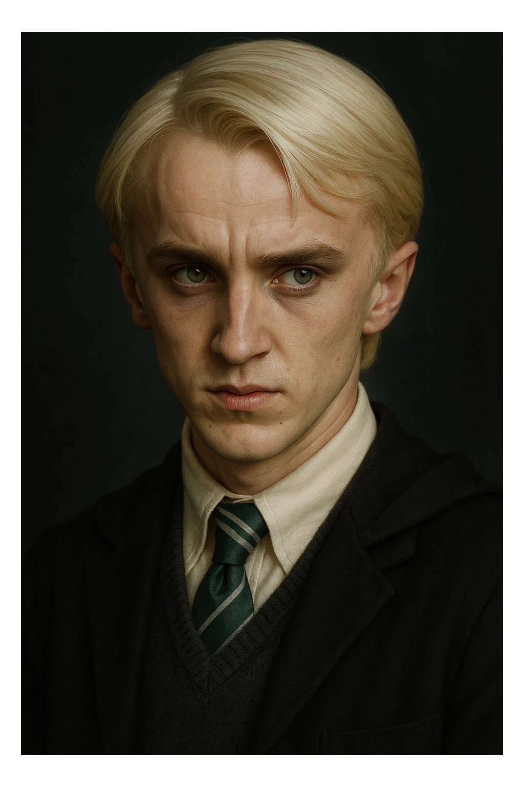 Draco Malfoy face inspired by Harry Potter, pale blond hair, sharp features, sly expression, school uniform, detailed portrait sticker