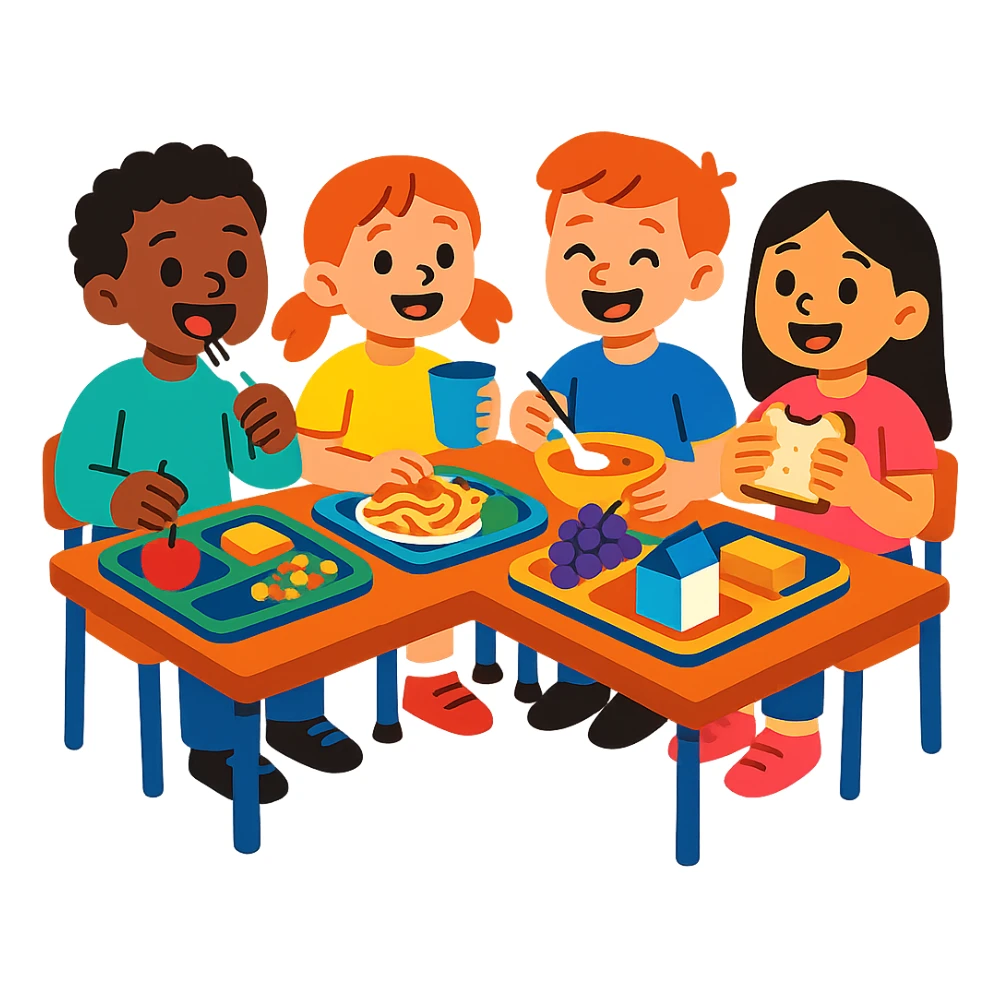 a group of kids eating together at a school table, cheerful style sticker