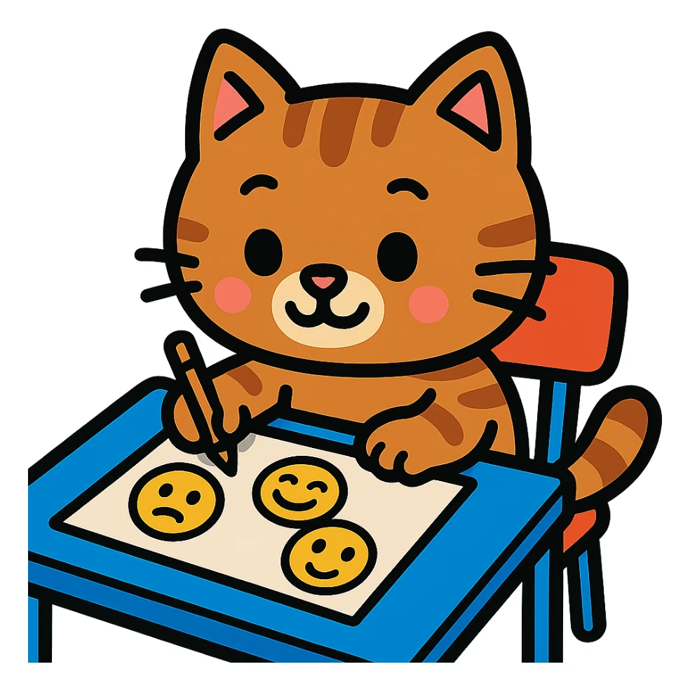 cute cartoon kitty sitting at a desk, drawing emoji faces sticker