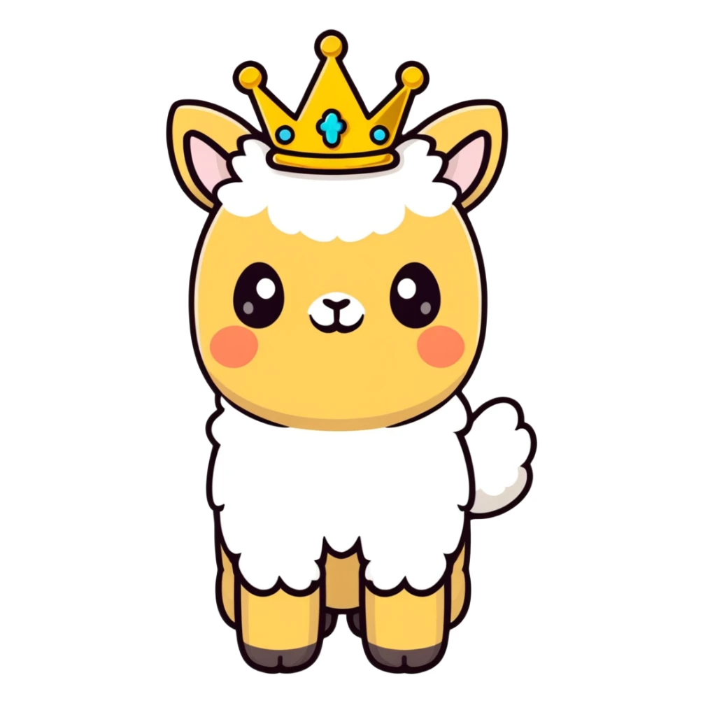 white fluffy king alpaca wearing a golden crown sticker