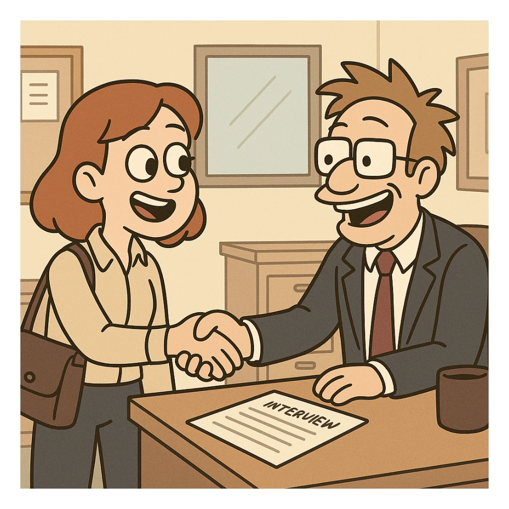 cartoon style illustration of two people shaking hands after an interview, cheerful expressions, office background sticker