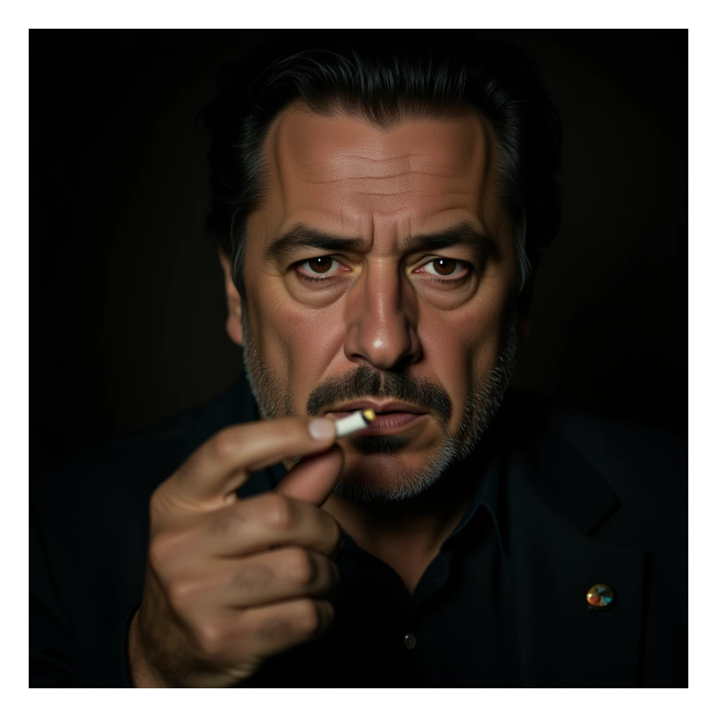 realistic close-up of a man resembling Robert De Niro in Goodfellas, cigarette in hand, serious expression, dramatic lighting sticker
