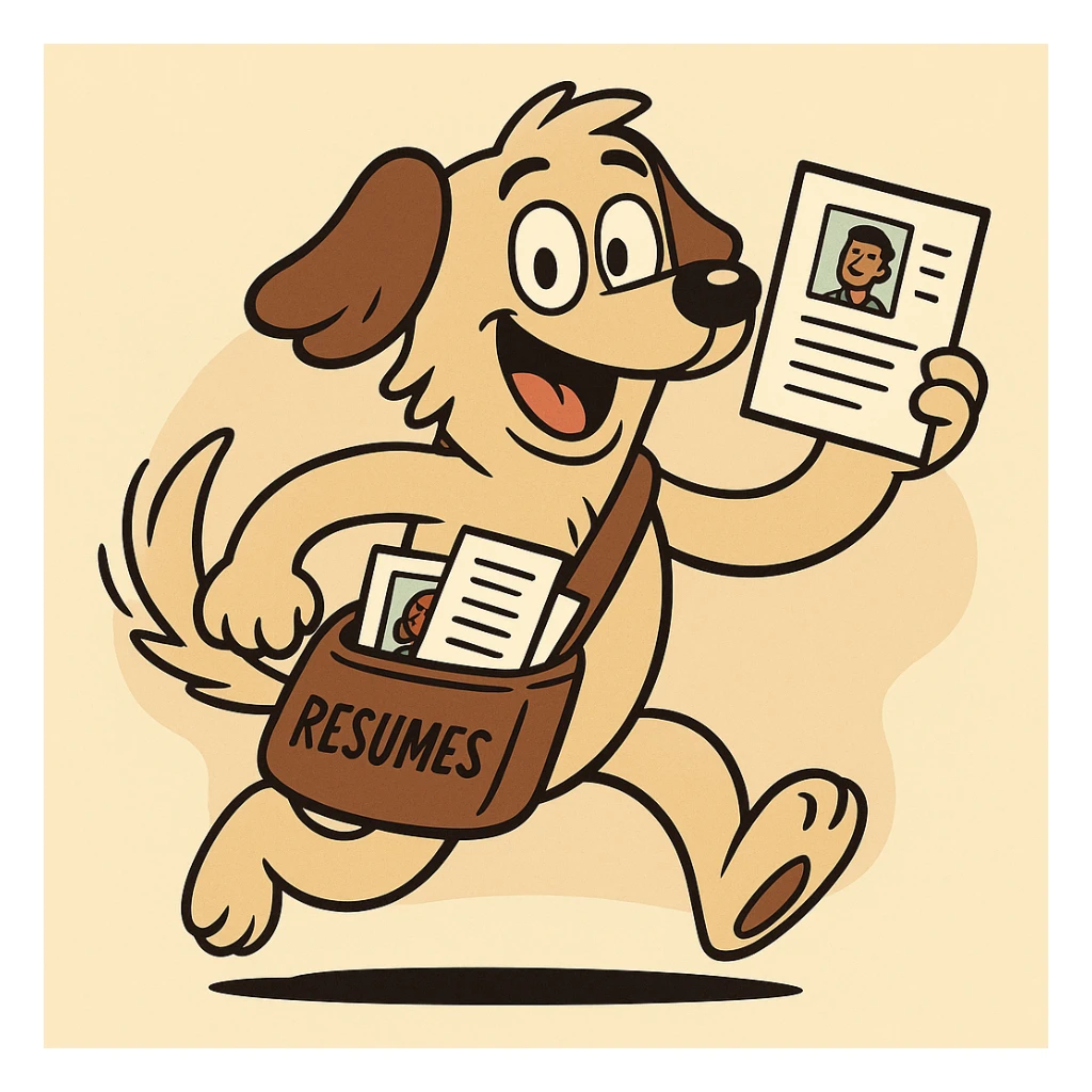 cheerful dog with a mailbag, delivering resumes, wagging tail, cartoon style, symbolizing finding and sending talent sticker