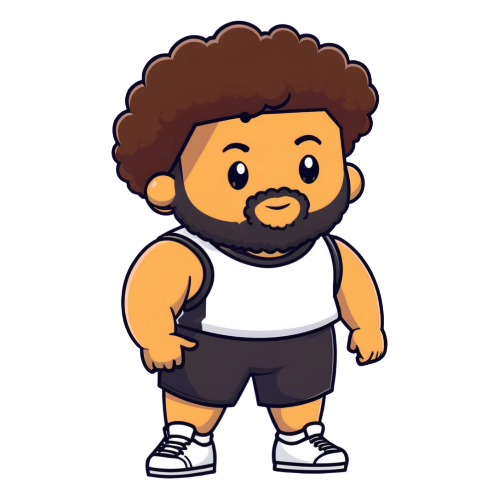 tan guy with mid-length brown and black curly hair like LaMelo Ball, beard, chubby build sticker