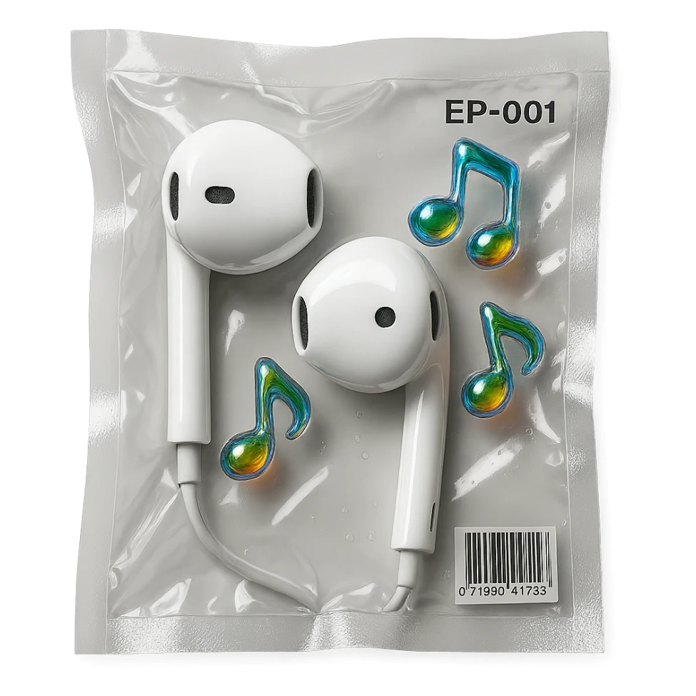 pair of white EarPods with three small rainbow glass music notes floating nearby, shiny and inflated sticker