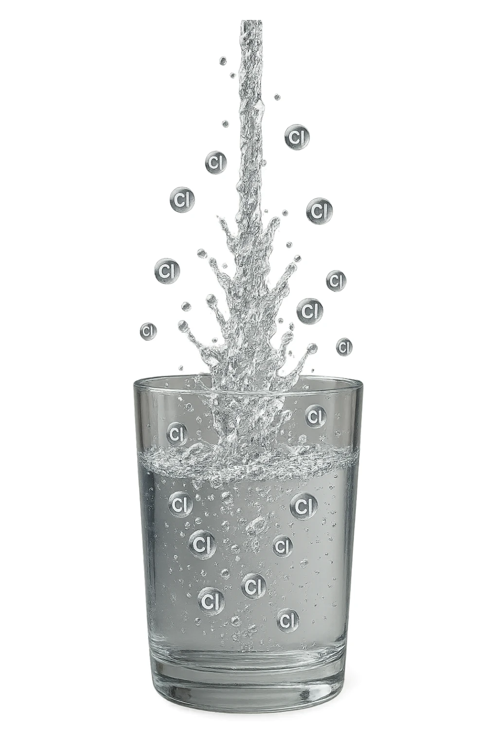 un bicchiere di acqua cade verticalmente dall'alto realistico e dettagliato, dentro l'acqua del bicchiere ci sono particelle di cloro ben visibili con la scritta "Cl" sopra, ci sono particelle anche che escono dal bicchiere e fluttuano in aria verticalmente, mentre alcune sono all'interno dell'acqua nel bicchiere, iperrealistico 4k sticker