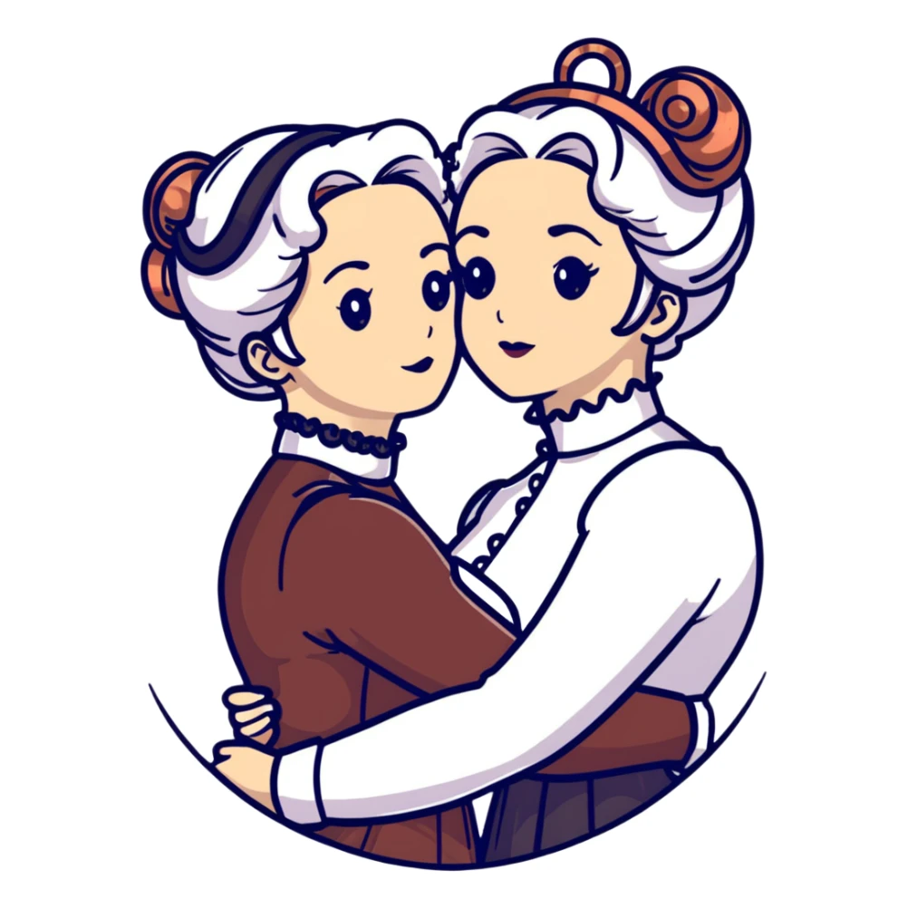 Two Victorian women embracing, one with white coiffed hair and one with copper coiffed hair, both with light eyes, wearing Victorian high-neck dresses sticker