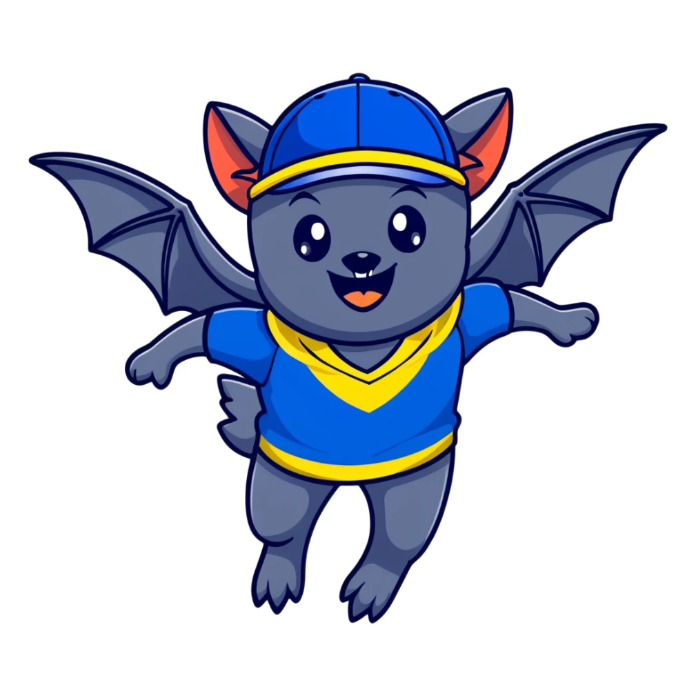 Flying fox bat mascot "Nahalenok" for FC Rostov, cheerful expression, large wings spread wide in flight, big expressive eyes with playful glint, smiling mouth showing small fangs, wearing yellow (#FFCD00) and blue (#0057B8) scarf around neck, blue baseball cap with FC Rostov logo tilted to side, dark grey body sticker