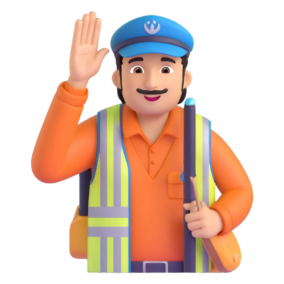 Pakistani bus conductor waving hand, wearing cap and vest, cheerful expression, holding whistle, South Asian features, minimal background sticker