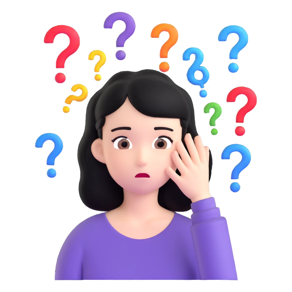 black-haired girl with a confused face and question marks around her sticker