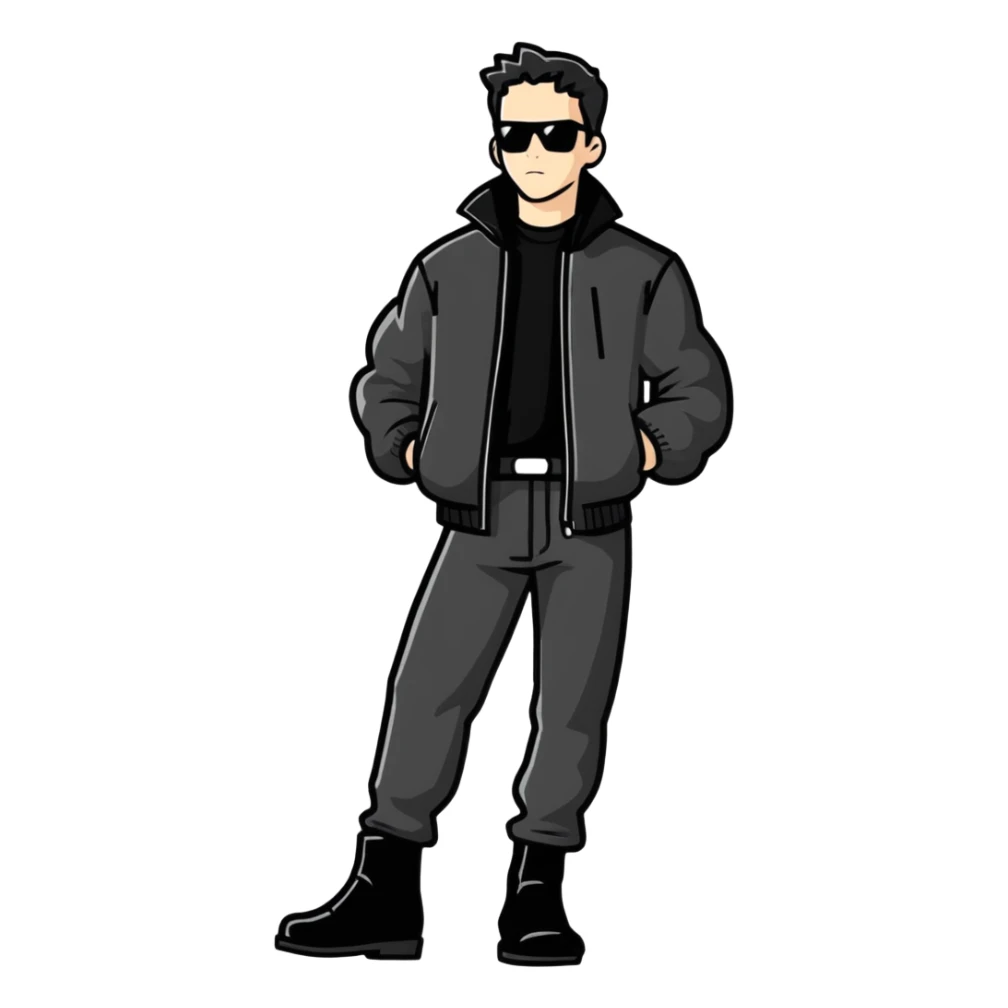 Full body standing male figure wearing black jacket, black pants, and black boots sticker