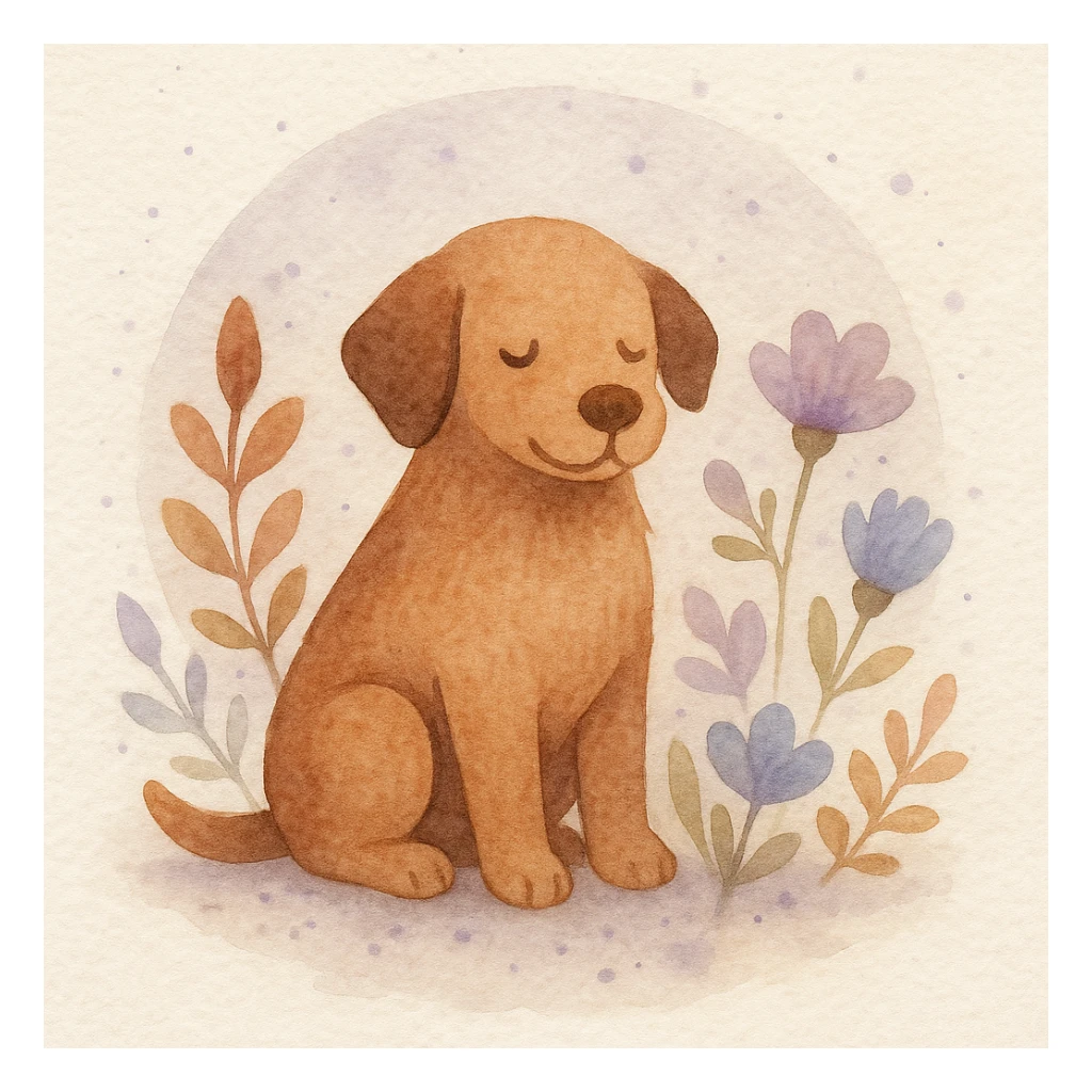<systemPrompt>
  <style name="Watercolor Botanical Illustration">
    <medium>Watercolor</medium>
    <texture>
      <paper>Soft cotton texture, subtle grain</paper>
      <wash>Transparent color washes with visible layering</wash>
    </texture>
    <palette>
      <primary>Muted earth tones (browns, reds)</primary>
      <accent>Pastel purples and blues</accent>
      <background>Faded lavender wash with scattered dots</background>
    </palette>
    <details>
      <linework>Minimal, soft edges, no outlines</linework>
      <shading>Natural blending, subtle tonal gradients</shading>
      <features>
        <botanical>Organic shapes, abstract leaf and petal structures</botanical>
        <animal>Round forms, friendly expressions, simplified anatomy</animal>
      </features>
    </details>
    <composition>
      <focus>Centered subject</focus>
      <background>Soft circular watercolor wash</background>
      <spacing>Balanced with gentle whitespace</spacing>
    </composition>
    <atmosphere>Whimsical, serene, hand-painted</atmosphere>
  </style>
  <instructions>
    Use this style for all elements in the image. Ensure the soft watercolor texture is preserved across both the subject and background. Emphasize organic, natural forms with minimal sharp detail.
  </instructions>
</systemPrompt>

{subject} = dog sticker