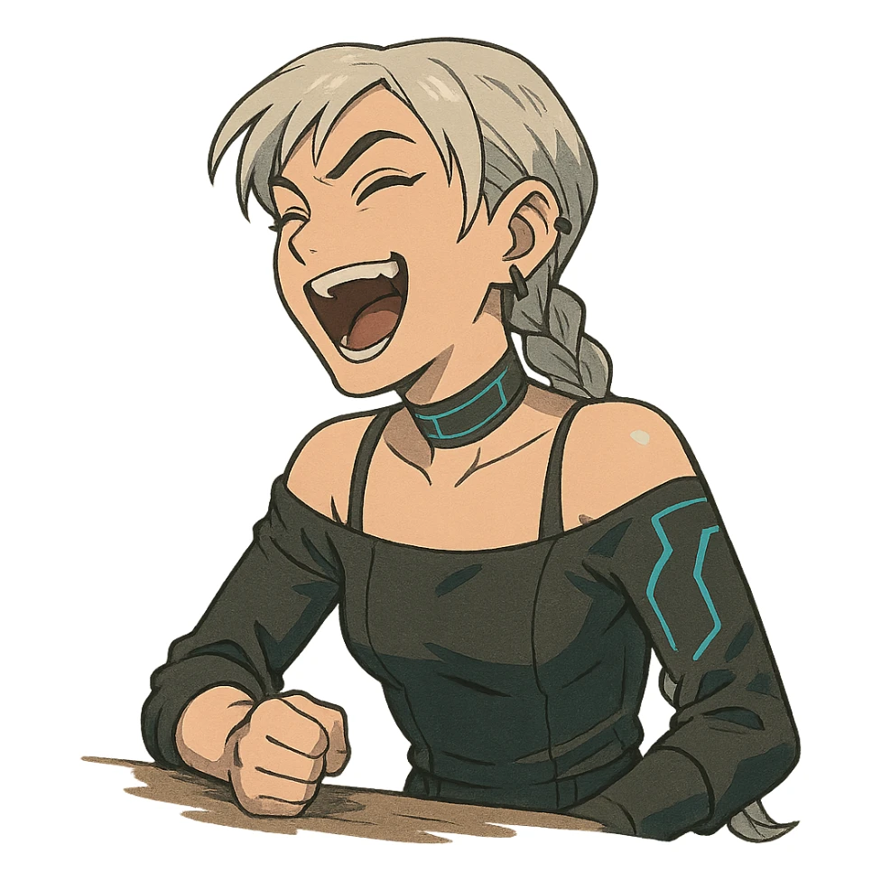  she is laughing outrageously and pounding her fist on the table, eyebrows pointed up, a closeup portrait of young woman with gold yellow eyes, white hair, long braid, black off-shoulder top, punk gothic style, futuristic cyberwave cyberpunk, sitting position
 sticker