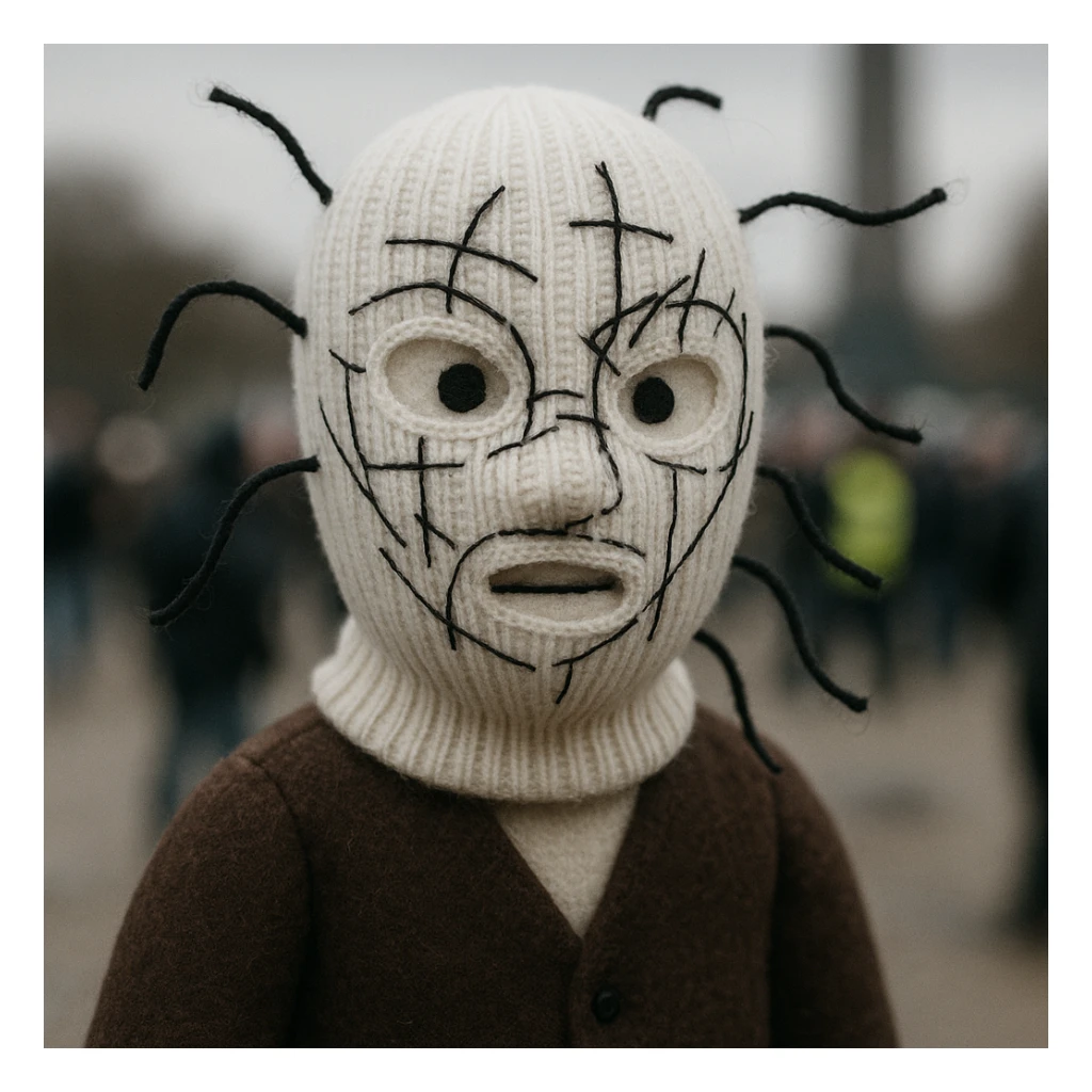 The mask is a full-head, white knitted balaclava with a tight ribbed texture. It features two asymmetrical eye openings and a partially exposed mouth area. Black thread is stitched across the surface in chaotic, abstract lines that trace facial features, giving a hand-drawn effect. Several black cords extend outward from the mask, varying in length and direction, adding a sculptural, almost organic appearance. The overall look is bold, handcrafted, and visually striking. sticker