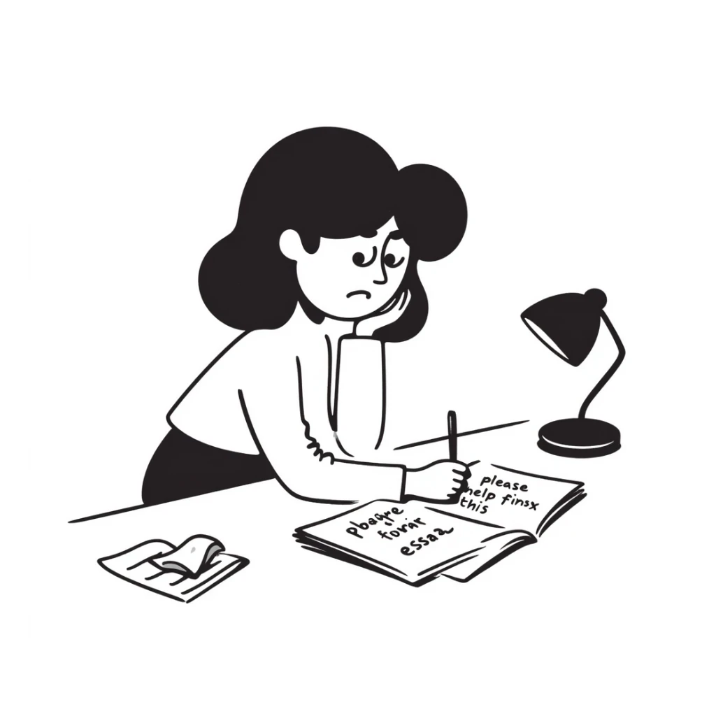 Stressed student writing an essay that begins with "Dear God, please help me finish this essay" in sketchy handwriting sticker