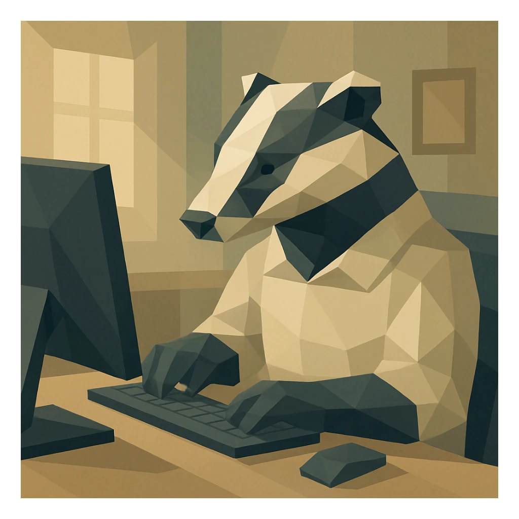 a badger working at a computer, clean modern illustration style sticker