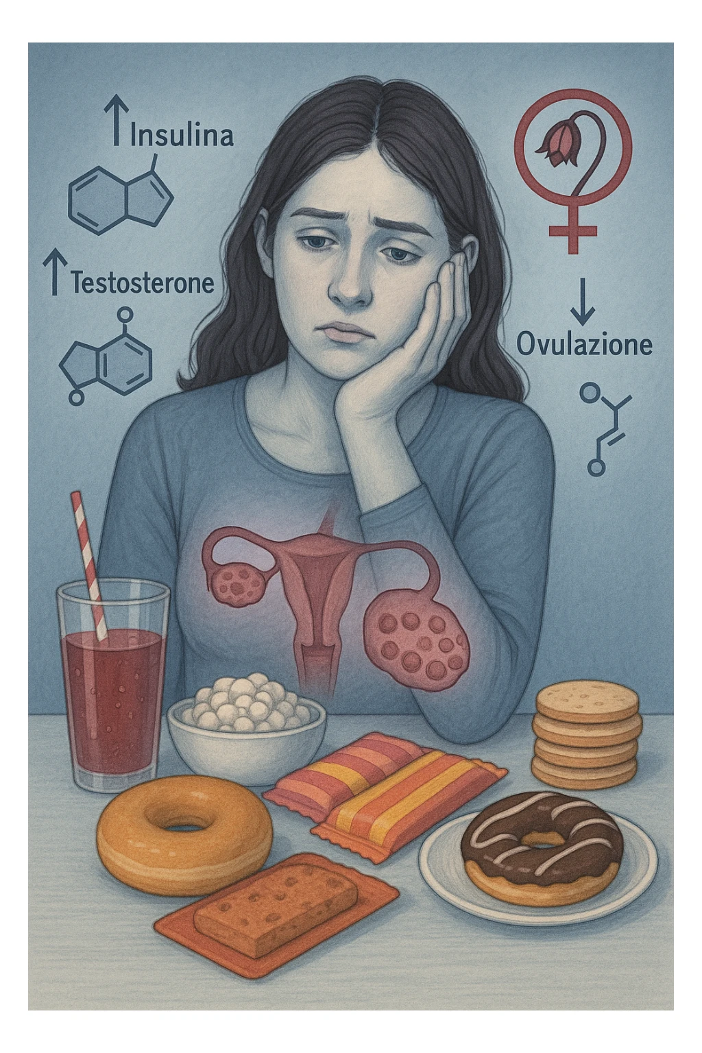 Donna tra i 25 e i 35 anni con espressione affaticata e delusa, seduta a tavola. Davanti a lei cibi ad alto indice glicemico: dolci industriali, cereali raffinati, bibite zuccherate. In trasparenza sopra il suo corpo si vedono ovaie con cisti multiple (PCOS) e un simbolo stilizzato di fertilità (utero con fiore appassito o cerchio spezzato). Attorno a lei fluttuano molecole simboliche come '↑ Insulina', '↑ Testosterone', '↓ Ovulazione'. Atmosfera triste ma educativa. Colori freddi con accenti in rosso e viola. Stile realistico con elementi visivi simbolici chiari in italiano sticker