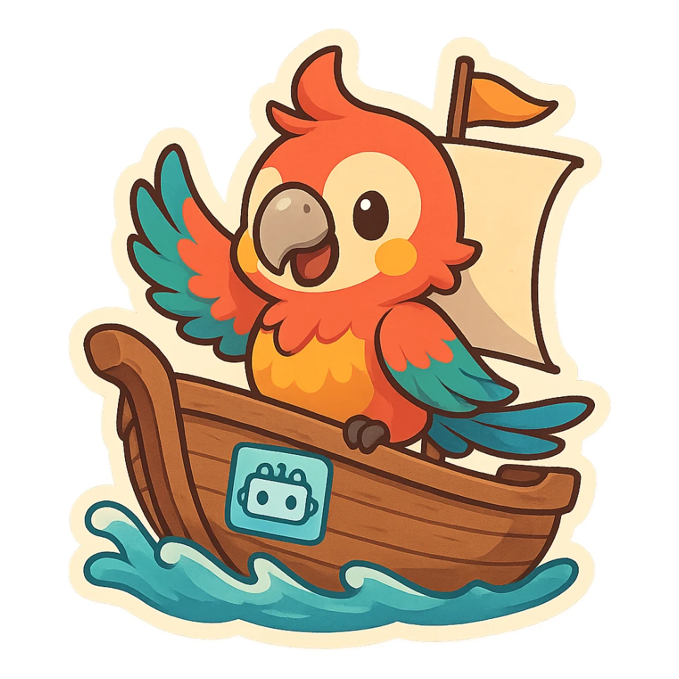 colorful parrot mascot in a ship, with an AI/copilot symbol like a robot face or digital brain on the ship's side, whimsical lively style sticker