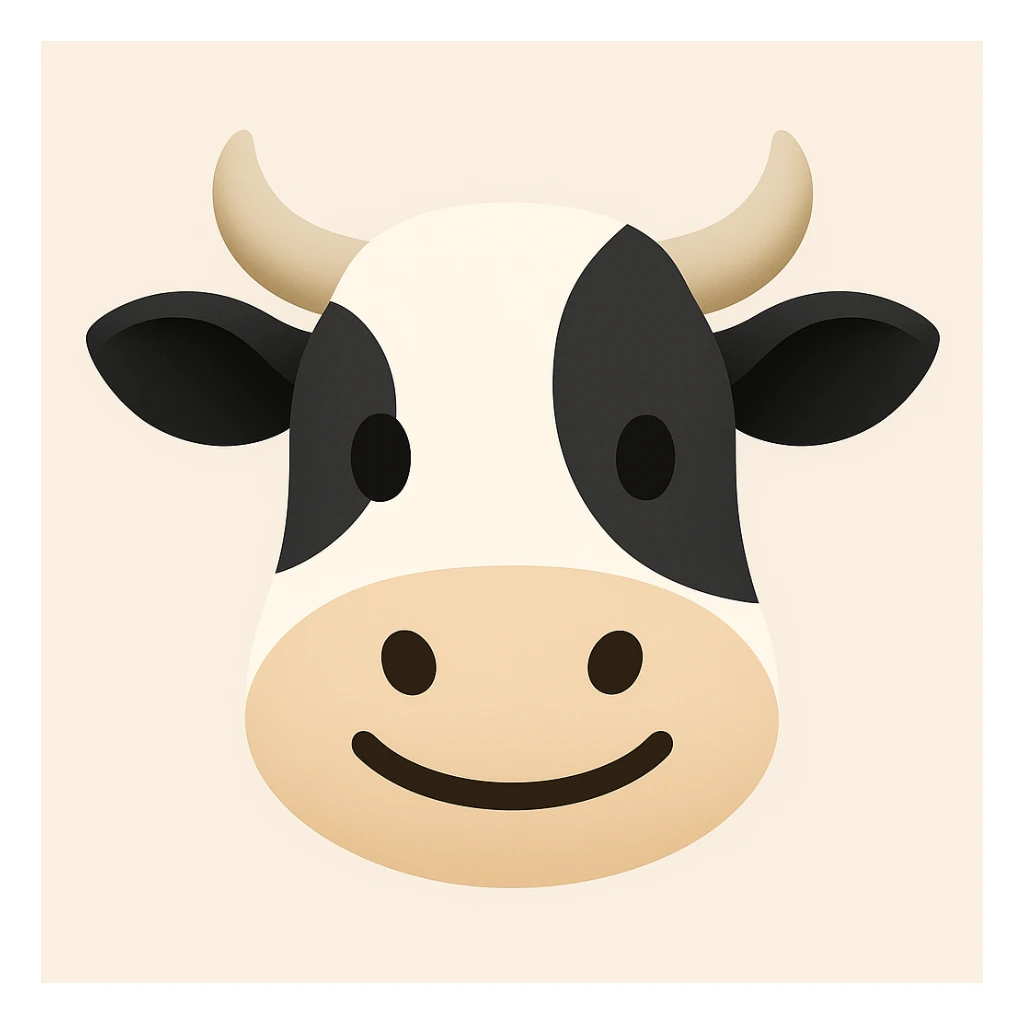 Create a simplified, friendly cow face emoji similar to the reference image. The emoji should have black and white markings and horns, in a simplified emoji-like style. sticker