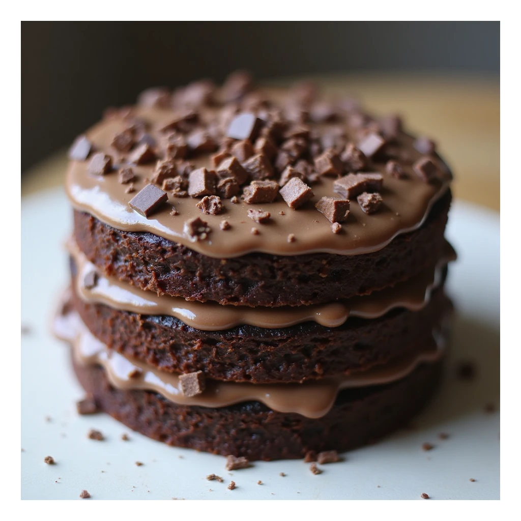 a realistic double fudge chocolate cake, whole, topped with chocolate shavings, photorealistic style, no background sticker