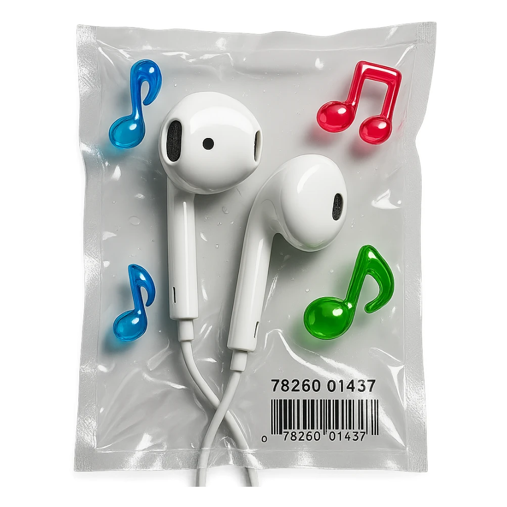 white EarPods headphones with three distinct colorful glassy music notes floating nearby, shiny and inflated sticker
