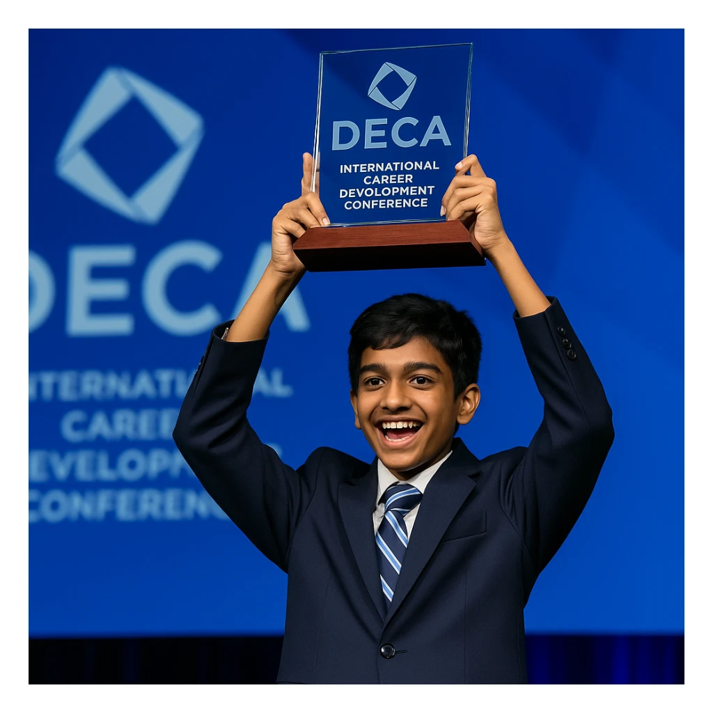 An Indian 14-year-old boy on stage at the DECA International Career Development Conference, raising the official DECA glass trophy above his head. The trophy is a rectangular glass top on a wood base, with the DECA logo and etching, and the stage has DECA branding and blue lighting. sticker