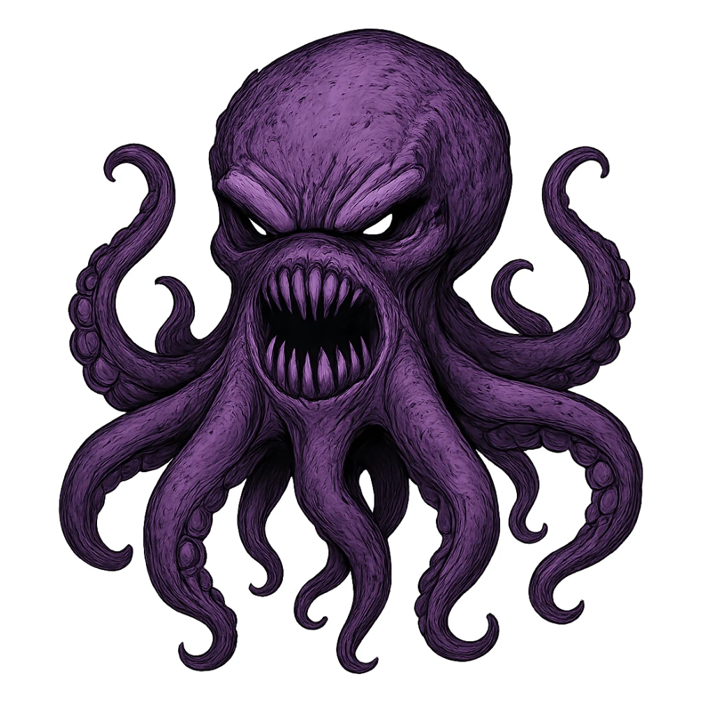 Remove the nose, make the octopus look scary, keep the purple color, with no background. Maintain the original style and details of the octopus while making it look scary and purple. sticker