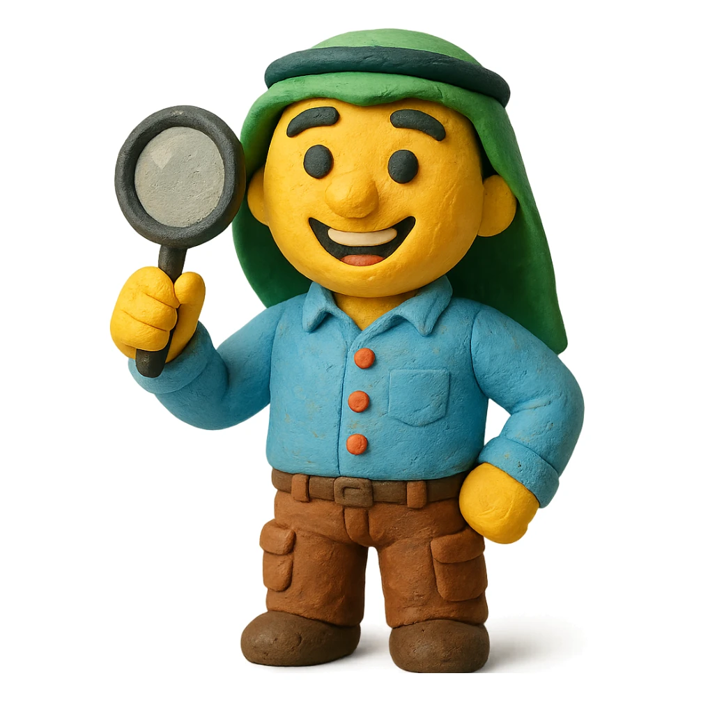 Create a realistic emoji character named Master Hunt. He is a Saudi young adult ,a button-up shirt and cargo pants. In one hand, he holds a magnifying glass, and he has an enthusiastic smile on his face. The background should be transparent , positive work culture. sticker