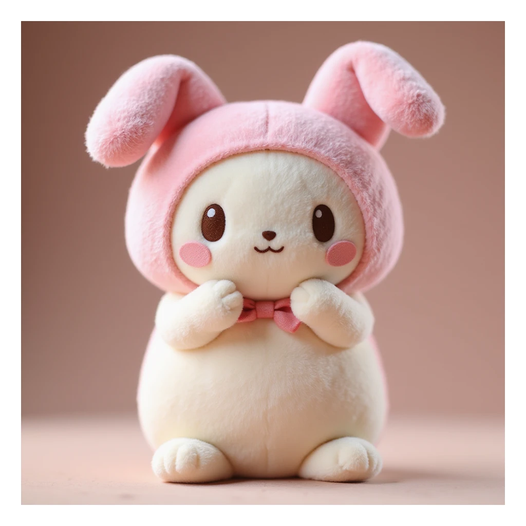 My Melody character, photorealistic style, soft lighting, gentle smile, plush toy look sticker