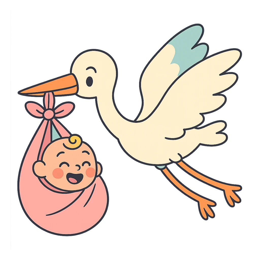 human baby in a bundle being carried by a flying stork in pastel toon style sticker