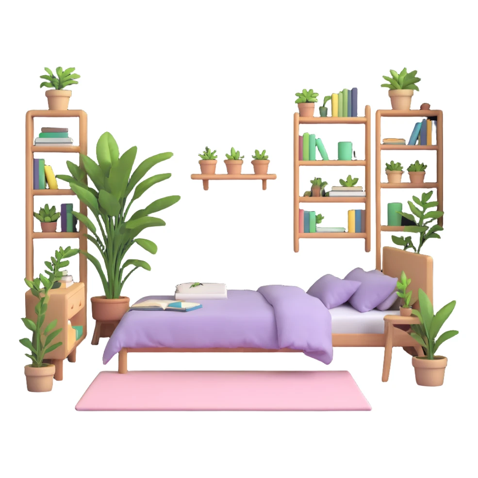 aesthetic bedroom with soft colors, plants, bookshelves, and study area sticker