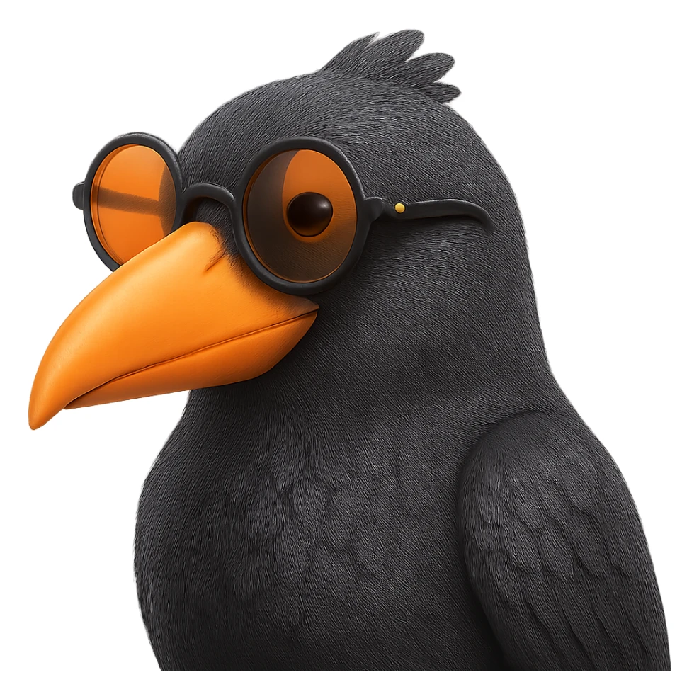 Make the bird slightly more realistic than the original, but still cartoonish. Keep the same pose, orange beak, and round sunglasses. Add subtle feather texture and gentle shading, but not hyper-realistic. Bird looking to the left. No background. The style should maintain the cartoonish look of the original bird. sticker