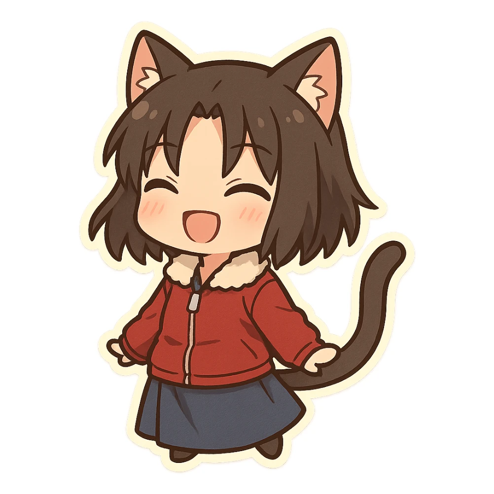 Ryougi Shiki as a chibi with cat ears and cat tail, smiling sticker