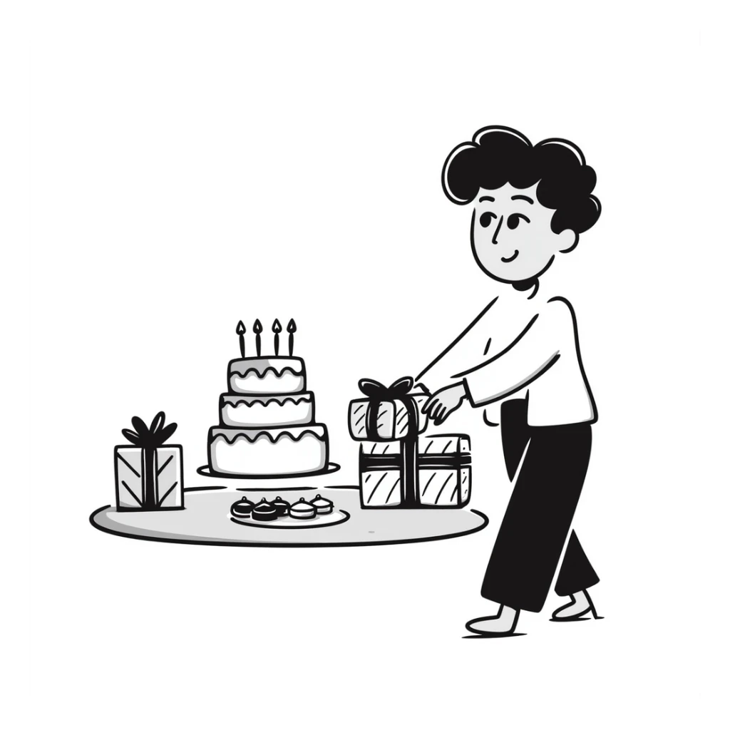 Festive celebration drawing with cake and gifts sticker