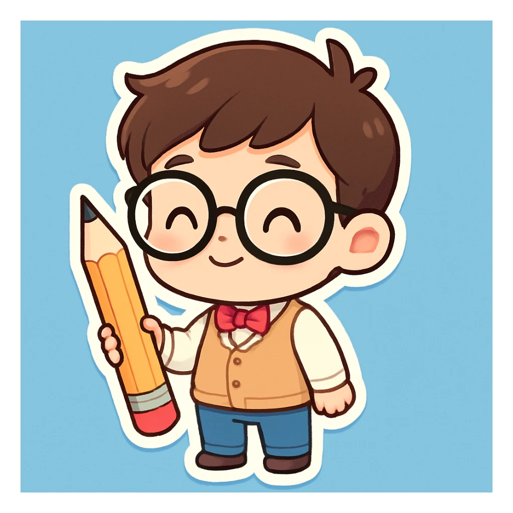 cute nerd with oversized glasses, holding a pencil, blue background sticker