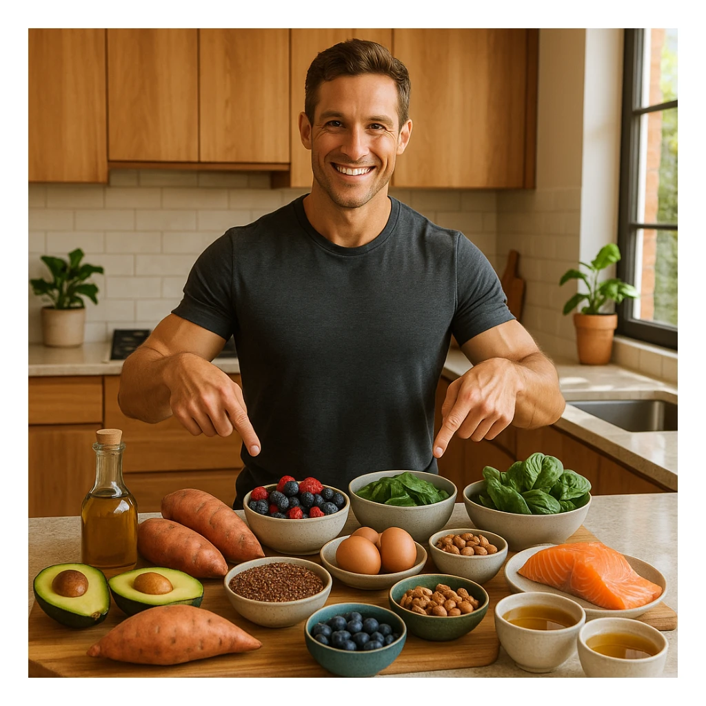 a modern, warm kitchen with natural light and wood details, a fit man stands among a colorful spread of healthy foods including avocados, sweet potatoes, olive oil, berries, quinoa, eggs, leafy greens, nuts, salmon, and herbal teas, smiling and pointing to his favorites, vibrant health-focused lifestyle photo style sticker