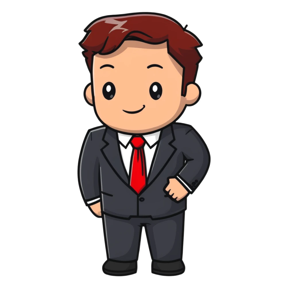 man wearing a suit with black horizontal stripes and a red tie sticker