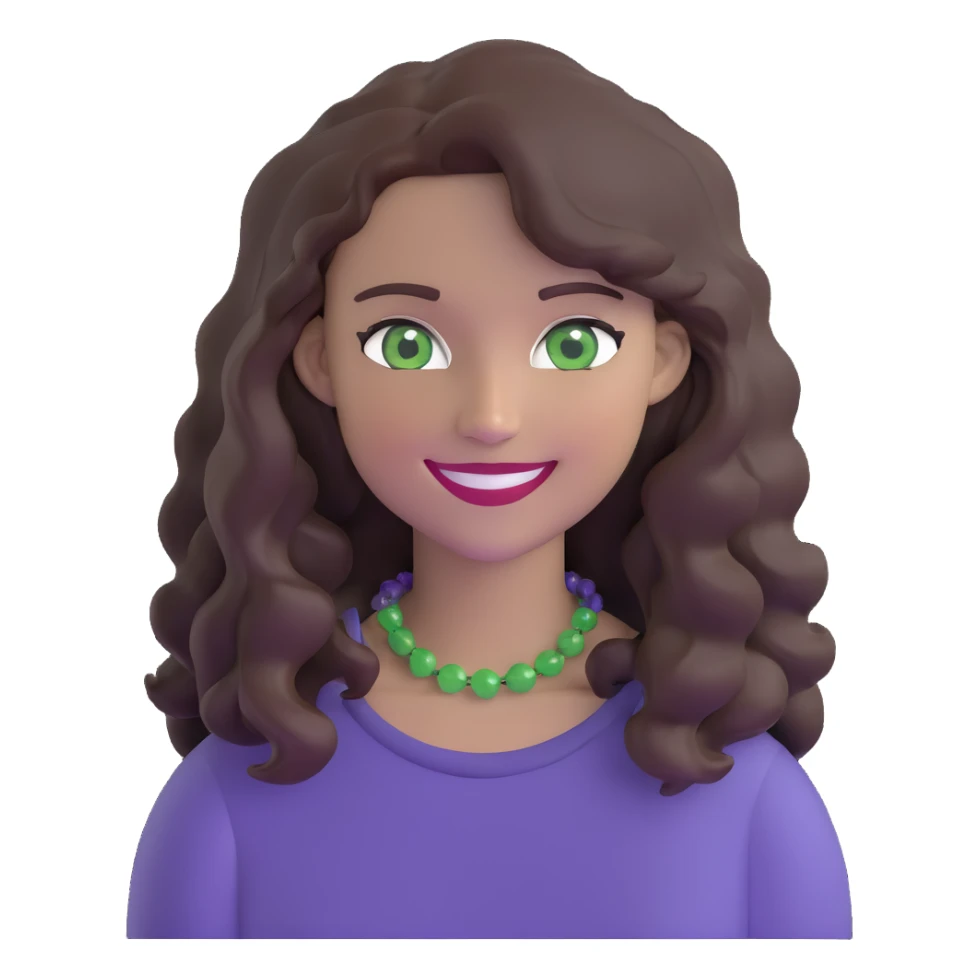 woman with wavy dark brown hair and green eyes, smiling sticker