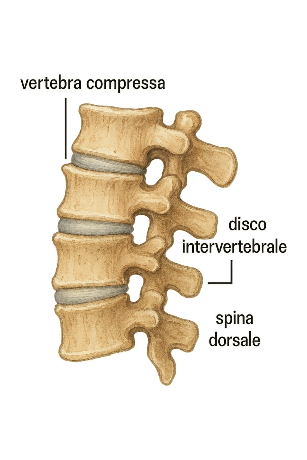 realistic anatomical illustration focusing exclusively on compressed vertebrae, lateral view, no background, anatomical details, captions in Italian, aspect ratio 2:3 sticker
