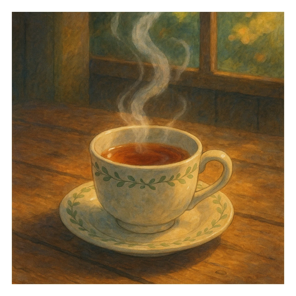 steaming cup of tea on a wooden table, soft painterly look, magical and cozy atmosphere, Ghibli style sticker