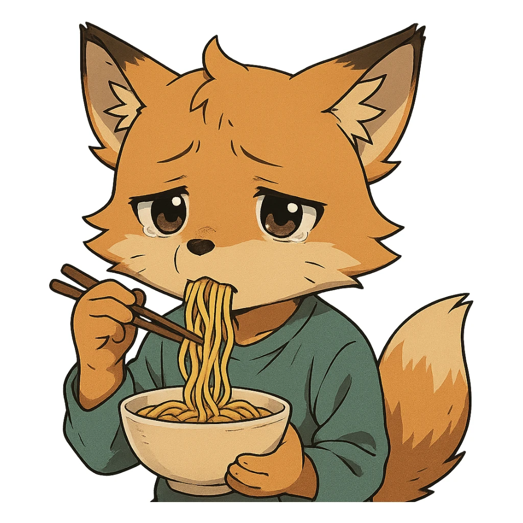 anime style fox character, eating noodles, looking sad sticker