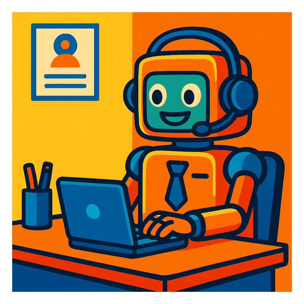 a cartoon robot recruiter at a desk, headset on, typing on a laptop, approachable and efficient, bright colors, cartoon style sticker