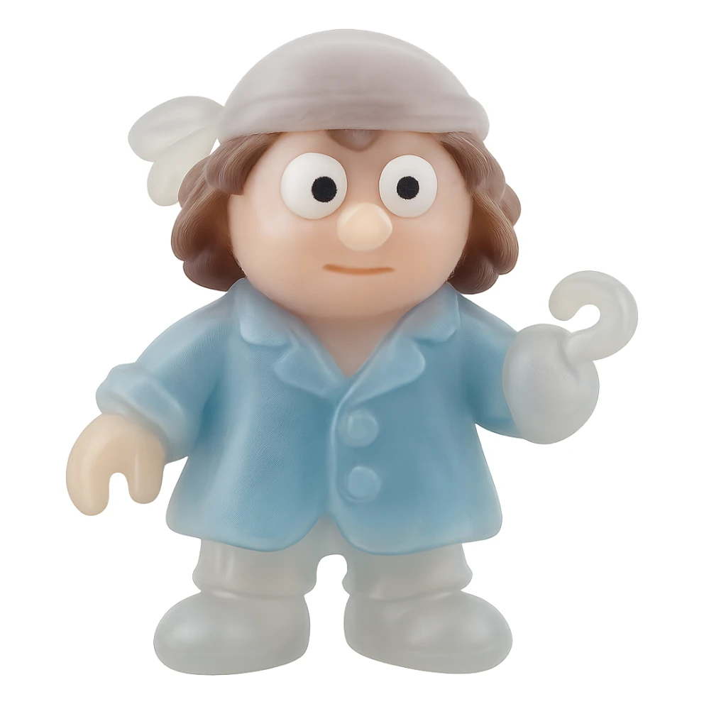 Make the pirate even more transparent and slightly see-through, keeping the natural skin tone, brown hair, blue coat, in a retro 90's toy style with derpy eyes, soft plastic texture, soft reflections, soft and squishy appearance, some cloudiness, not shiny, highly detailed and appealing. Remove any tags and background. sticker