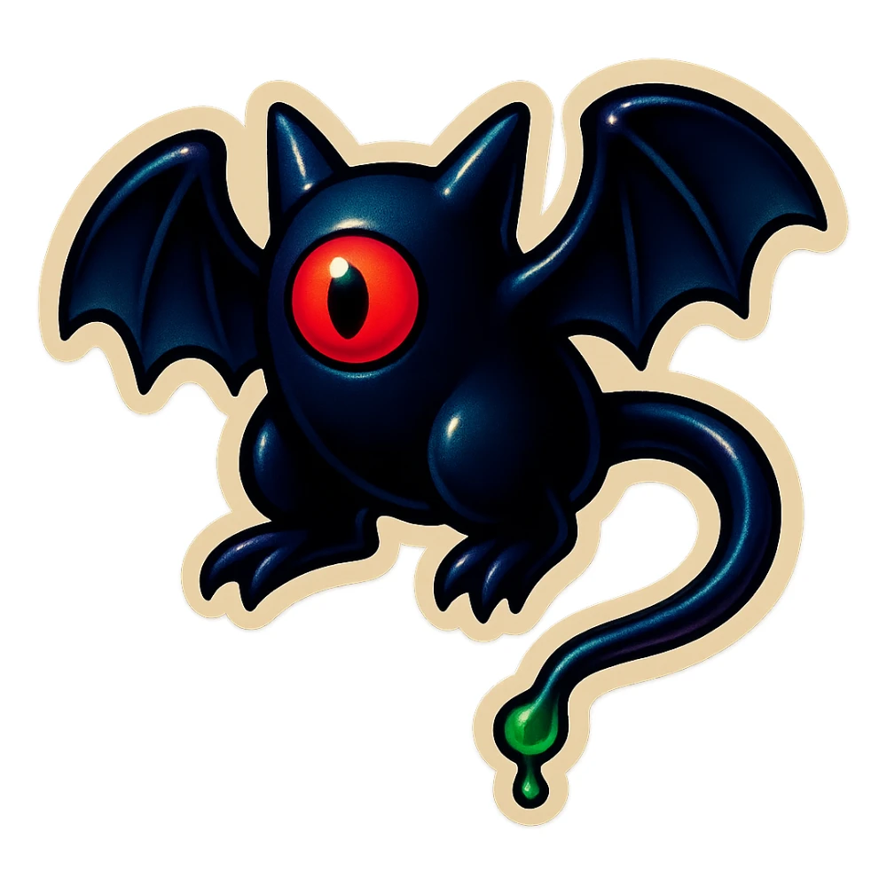 an all black bat-like creature. One cyclopian red eye in its face. no visible mouth or ears. has a long tale with a stinger that drips green poison sticker