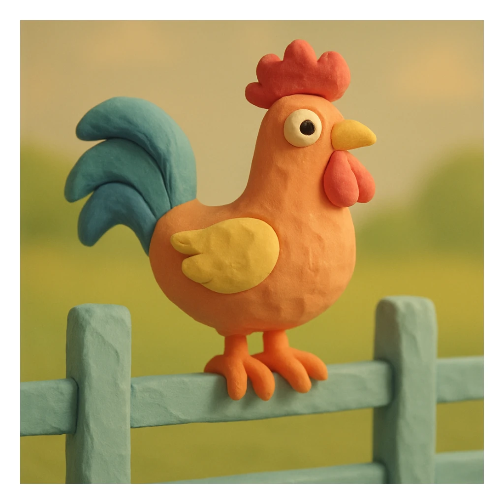 rooster standing on a fence, pastel colors, visible fingerprints, playful and textured in claymation style sticker