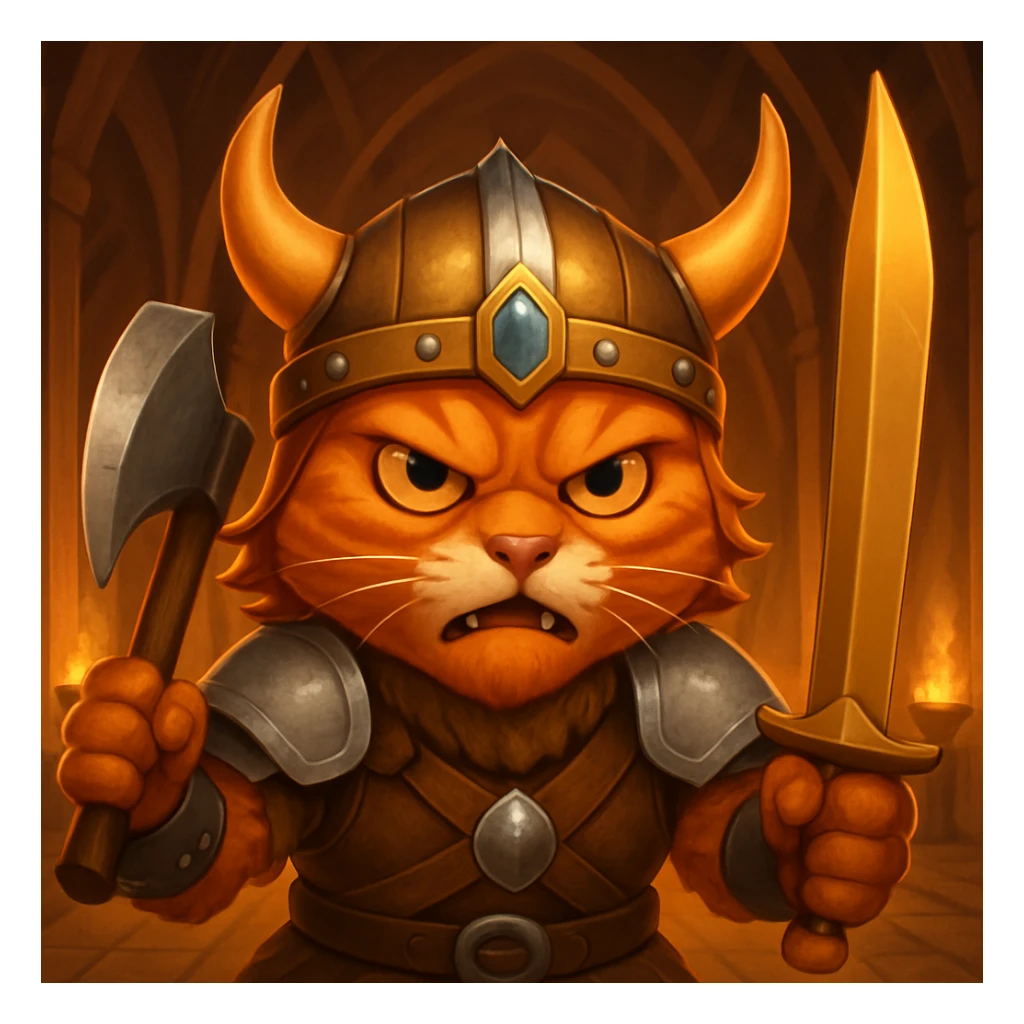 Make the ginger cat viking look fiercer, with a more intense expression and battle-ready pose, keep the Valhalla hall background. The original style is emoji style, but emoji style does not support editing, so please maintain the emoji style look while editing in the general style. sticker